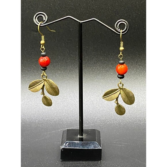Bronze Tone Leaf with Orange & Black Glass Bead Earrings by Neanie-Bot - Picture 2 of 2